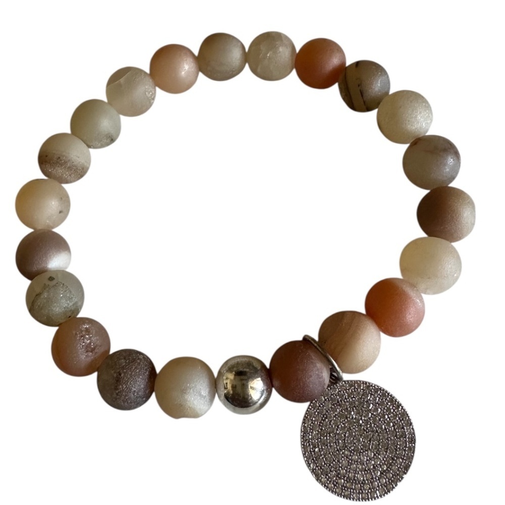 Classic 8mm Druzy Agate Stretch Bracelet Pave Charm Silver 6–7” NEW